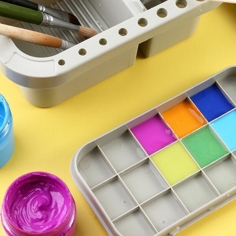 Watercolor Oil Artists Multifunctional Paint Palette with Lid 16 Holes Paint Brush Holder with Paint Pallet Paint Brush Cleaner