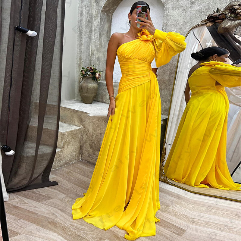 Elegant Women's Chiffon Evening Dresses A-Line Pleated Sexy Side Split Single Shoulder Sleeve Princess Prom Gowns Formal Party