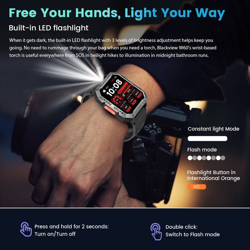 Blackview Smart Watch com Iluminação de Emergência, Chamada Bluetooth, Display HD, TFT, Robusto, Ao Ar Livre, Novo, 2.01 ", W60, 2024