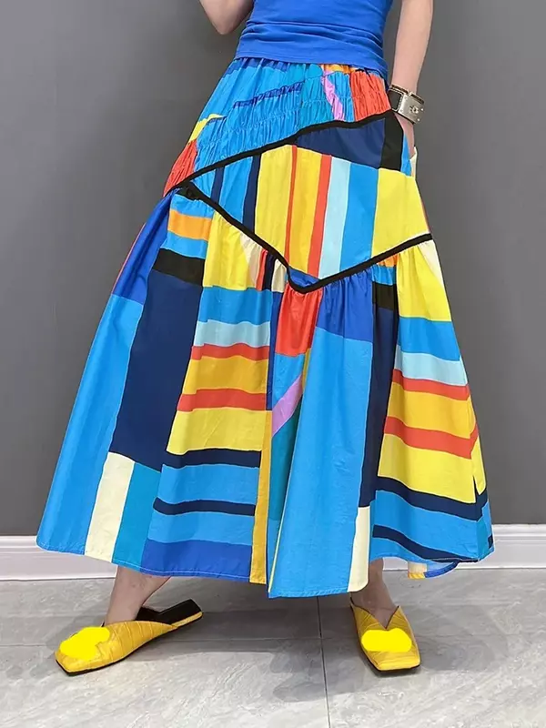 XITAO Contrast Color Skirt Irregular Folds Splicing A-line Skirt Personality New Fashion Street Trendy All-match Women WMD5493