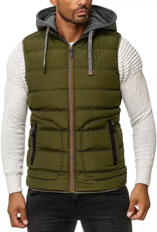 Men's Outdoor Vest Slim Fit Detachable Hood And Stand Up Collar Modern Quilted Vest