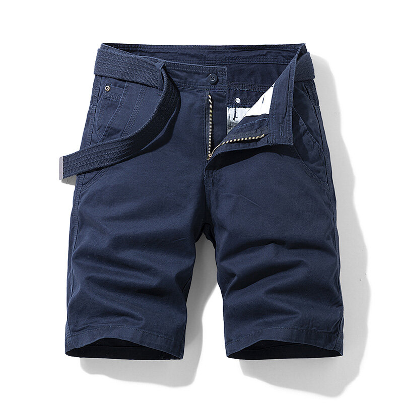 Pantalones cortos transpirables de viaje para hombre, 100% algodón, hasta la rodilla, rectos, informales, de cintura media, con cinturón, Safari