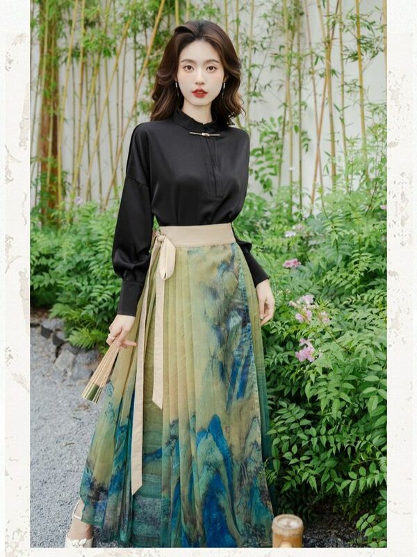 여성용 우아한 전통 중국 한푸 요정 드레스, 모던 블랙 셔츠, 그린 프린트 말 얼굴 스커트, 2 개, 여름 신상