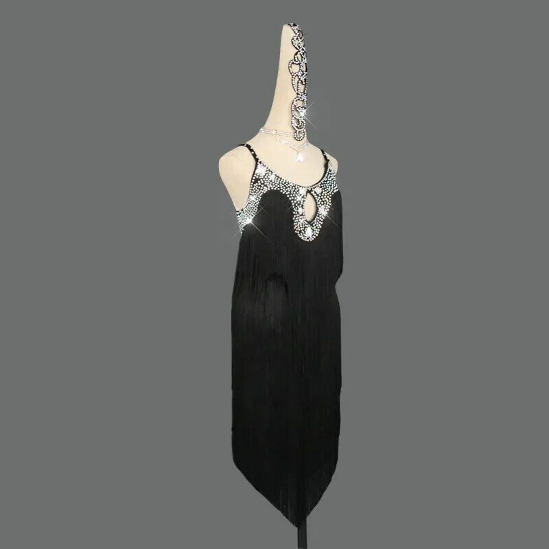 라틴 댄스 대회 드레스, 섹시한 라인스톤 술 살사 원피스, 무대 공연 의류, 맞춤형 라틴 스커트