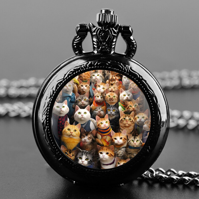 นาฬิกาควอตซ์โบราณรูปแมวน่ารักสีดำ breonze นาฬิกาสำหรับผู้ชายผู้หญิงจี้นาฬิกาสร้อยคอลูกปัดชั่วโมงนาฬิกาเครื่องประดับสำหรับเด็กของขวัญ
