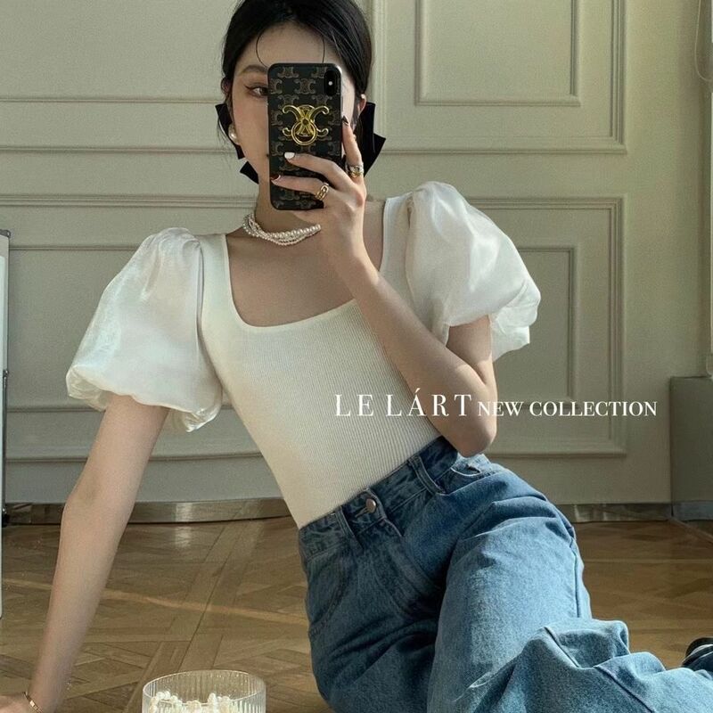 Korea Vintage Blouse Women Sexy Square Collar Puff Sleeve Shirts Spring Summer Slim Crop Tops French Blusas