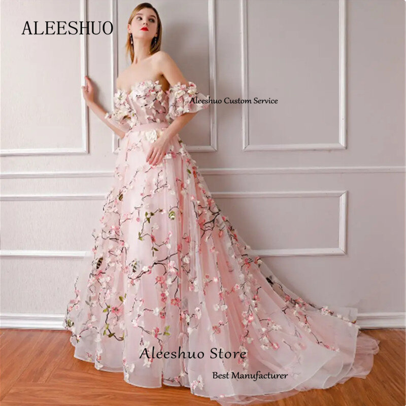 Aleeshuo gaun Prom A-line cantik gaun Formal bahu terbuka tanpa tali gaun malam Applique putri dresالanime
