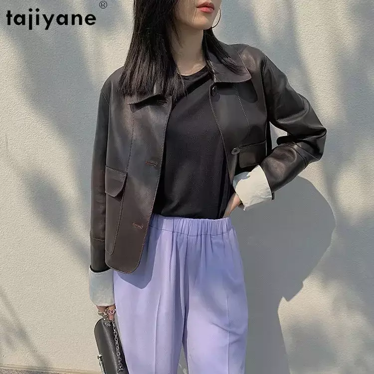 Tajiyane-Veste en cuir véritable à boutonnage simple pour femme, manteau court en peau de mouton véritable, vêtements élégants