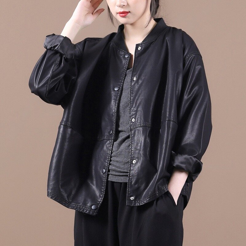 2023 Spring Autumn New Loose Slimming Age Baseball Collar Single-breasted Cardigan Short Comfortable Pu Leather Coat Women