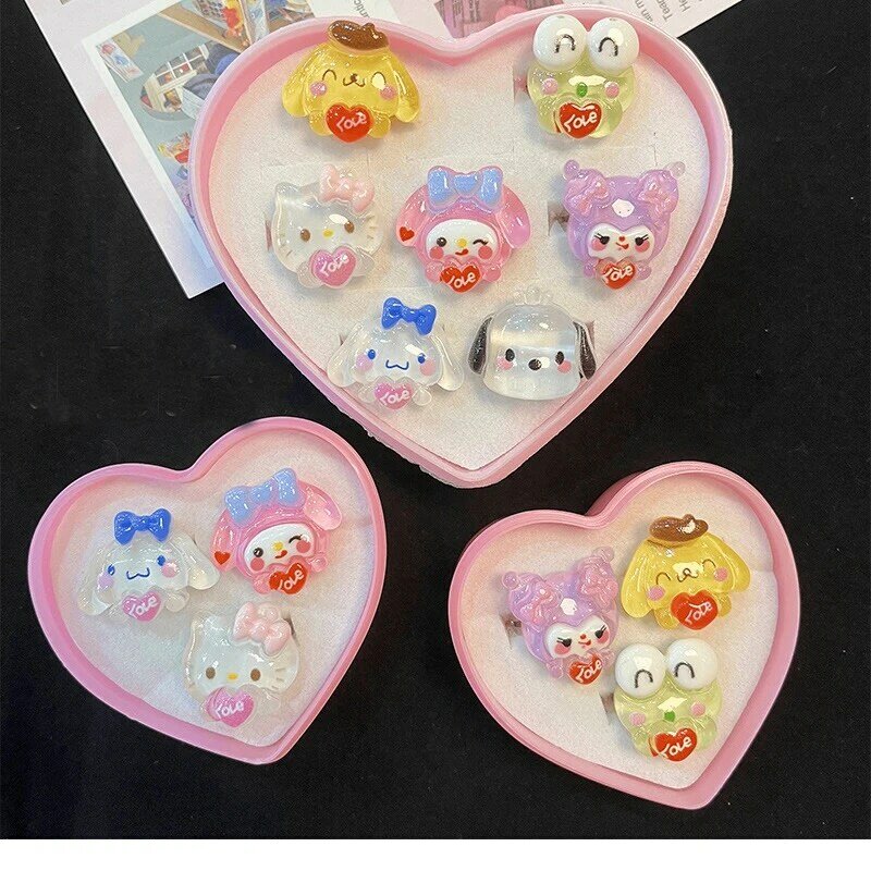 Sanrio anillo Kuromi Hello Kitty My Melody Kawaii Anime Cinnamoroll abierto Ajustable con caja de amor para niña, decoración de corazón, juguete de regalo