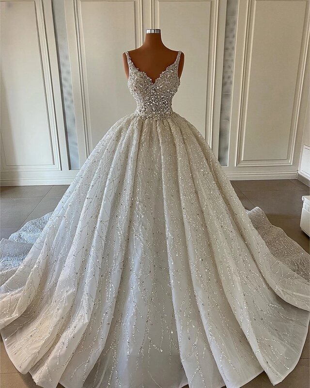 2024 gaun pengantin bahu terbuka putri berkilau gaun pengantin dengan kerudung gaun pernikahan manik-manik payet Sweetheart vestido de novia