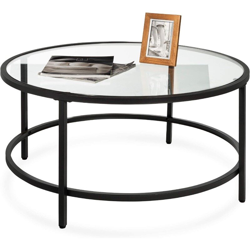 36-дюймовый современный круглый кофейный столик из закаленного стекла с акцентом для гостиной, столовой, чая, домашний декор с металлической рамкой