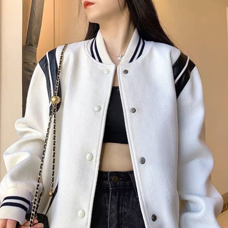 HOUZHOU Korean Style White Bomber Jacket Women Streetwear Vintage Tweed Baseball Jackets College Autumn Winter Fashion Aesthetic