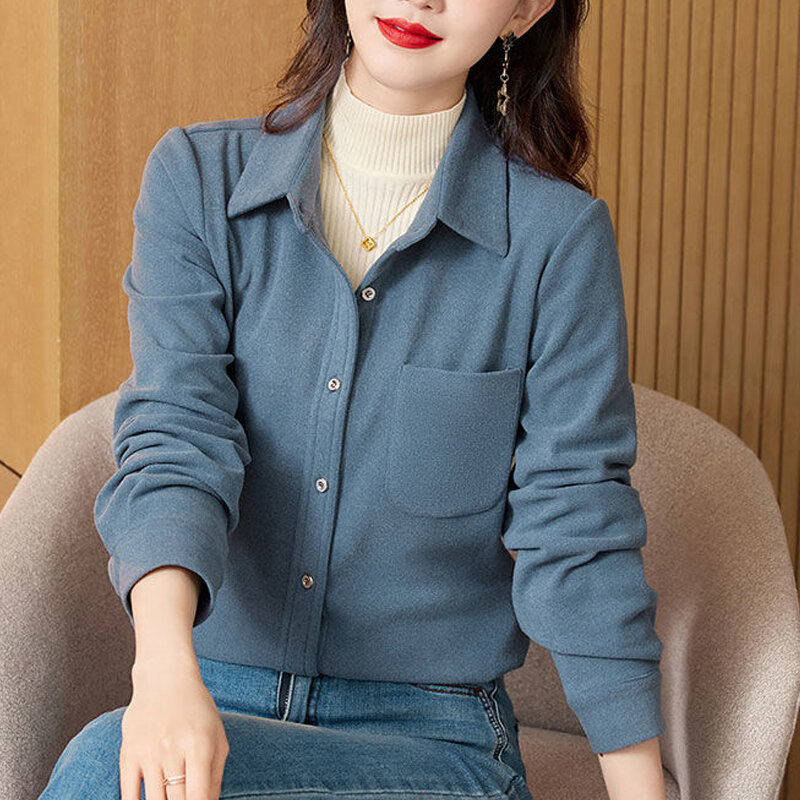 Blus lengan panjang wanita, kemeja longgar kerah rebah gaya Korea musim gugur musim dingin untuk wanita