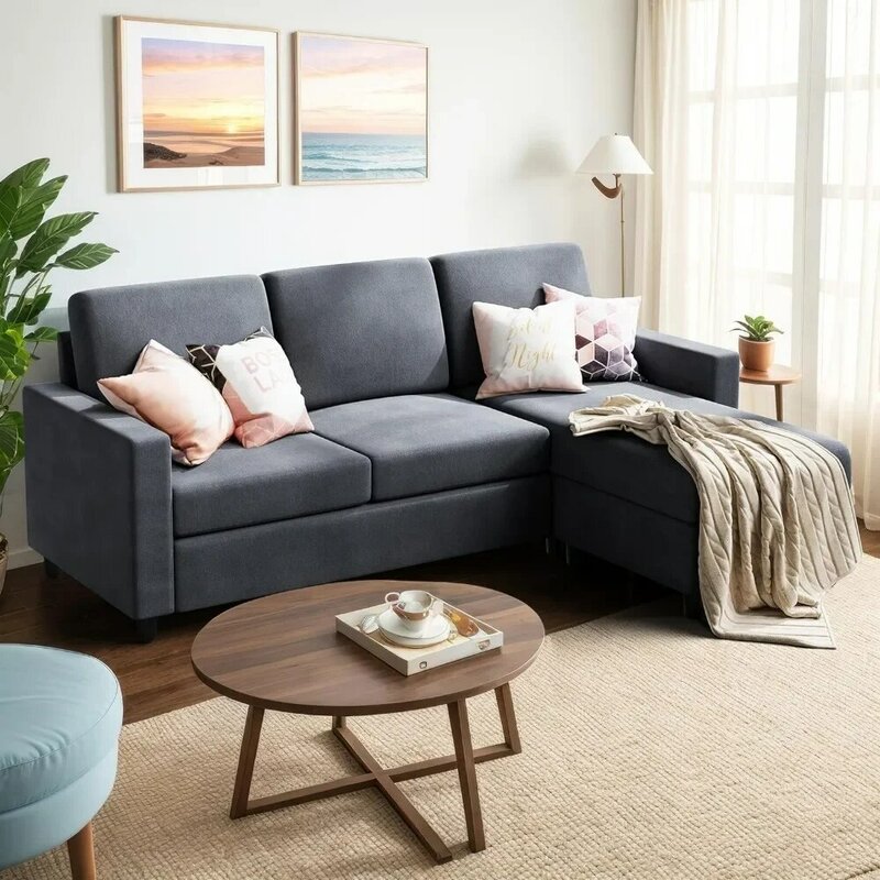Rozkładana sofa segmentowa, tkanina lniana w kształcie litery L, 3-osobowa sofa segmentowa z dwustronnym szezlongiem do salonu, ciemnoszara