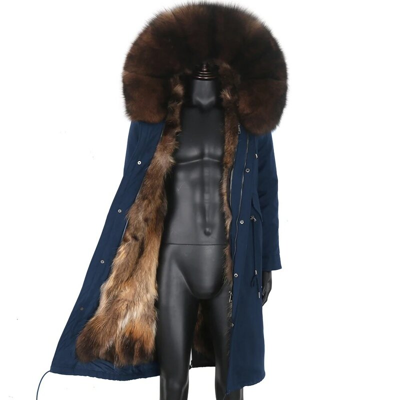 حار مبيعات X-طويل الروسية رجل الشتاء معطف غير رسمي ريال الراكون الفراء بطانة الطبيعية الراكون الفراء طوق مقنعين سميكة الدافئة ملابس خارجية