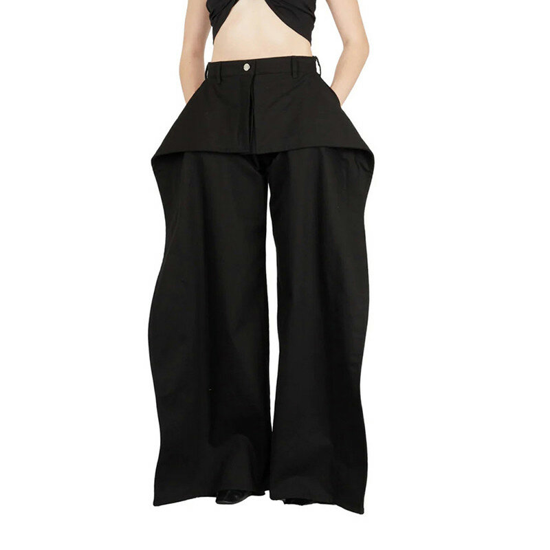 BPN-pantalones vaqueros holgados minimalistas para mujer, vaqueros de cintura alta con bolsillos de retazos, informales, de pierna ancha, ropa de moda femenina