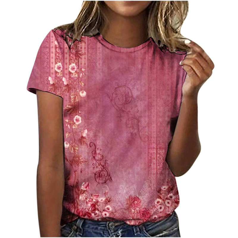 Blusa informal con estampado Floral para mujer, Blusa de manga corta con cuello redondo, talla grande, de lujo, para verano