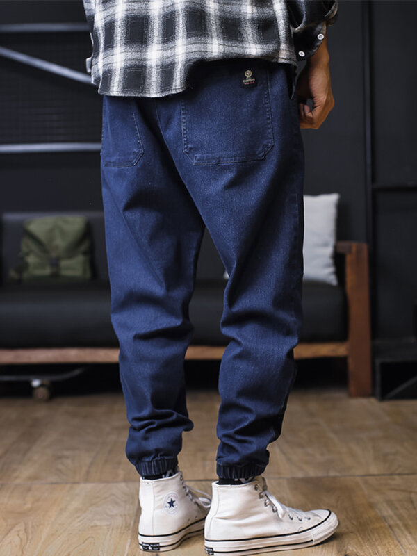 Plus Size jeansy męskie luźne biegaczy Streetwear szarawary dżinsowe spodnie Cargo spodnie jeansowe do kostek