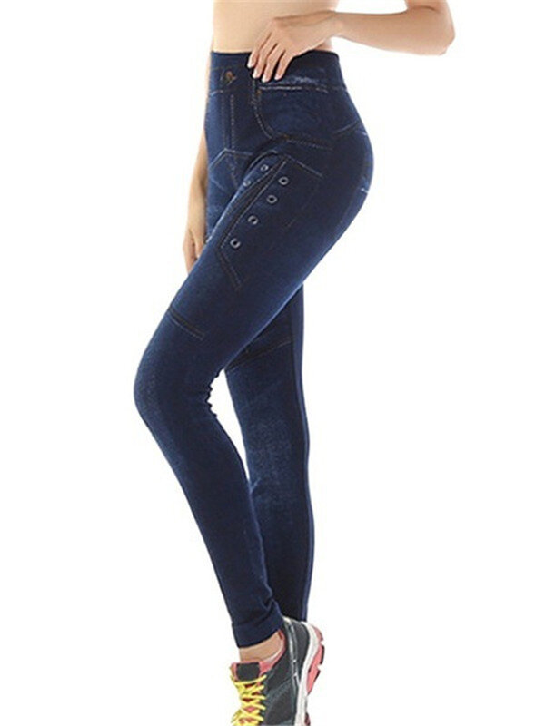 CUHAKCI сексуальные леггинсы пуш-ап из искусственной джинсовой ткани эластичные женские леггинсы с высокой талией спортивные штаны для тренировок бега фитнеса тренажерного зала