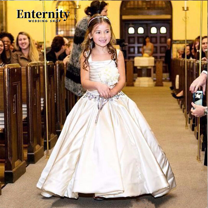 Princesse Enfant A-line O-neck Flower Girl Dress Tank Sleeve Sleeveless Beading Floor-length Ball-Gown Vestidos Para Niñas