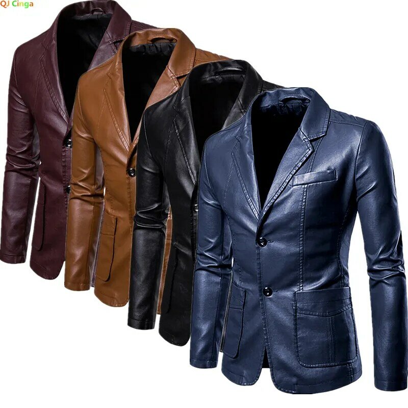2023 Spring Autumn Fashion New Men's Lapel Leather Dress Suit Coat / Male Business Casual Pu Blazers Jacket