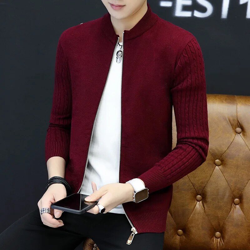 Męski sweter z kołnierzem wysokiej jakości modny koreański, Slim męski sweter sweter w jednolitym kolorze
