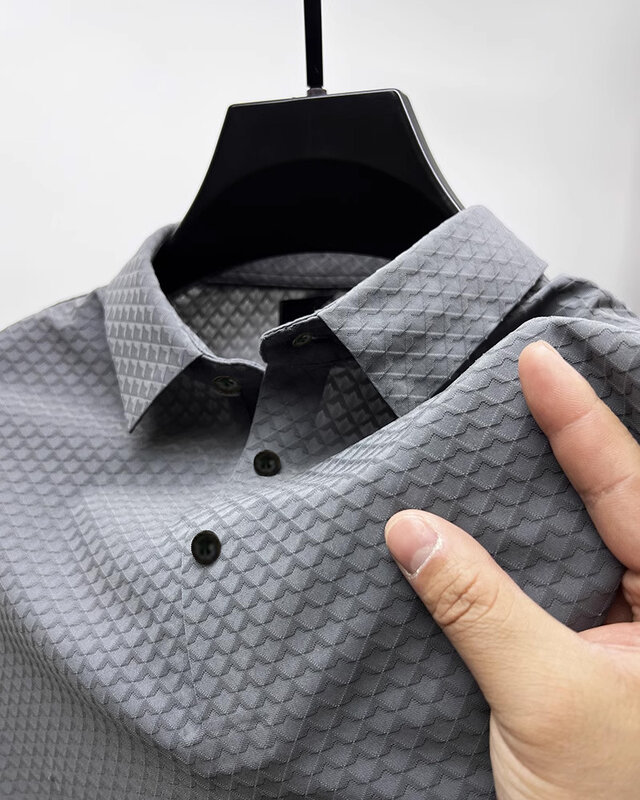 New men's summer ice silk polo shirt plaid button solid color short sleeve nylon polo shirt