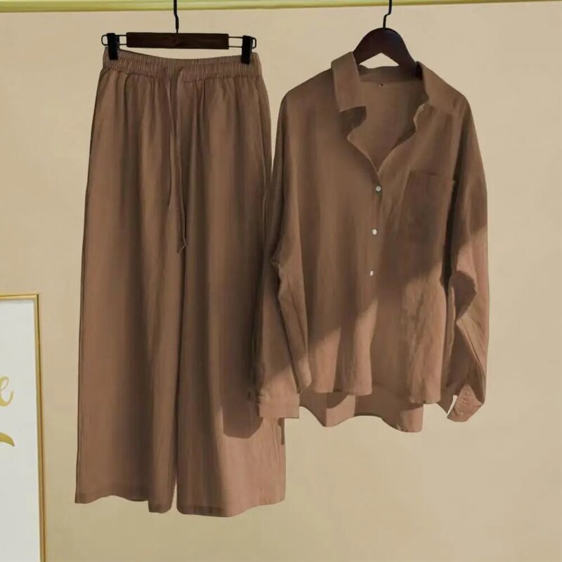 Conjunto de calças com elástico feminino, manga comprida, lapela, elegante, plus size, monocromática, camisa elegante