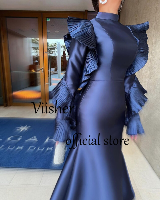Темно-Синие атласные вечерние платья-русалки, официальное платье с длинным рукавом и высоким воротом, платье в арабском стиле Дубая для выпускного вечера, модель 2024