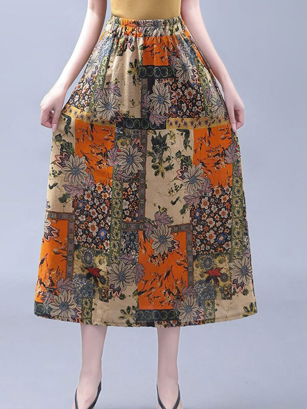 Rok panjang katun elegan, rok panjang liburan model Boho garis A pinggang tinggi motif bunga katun elegan saku longgar