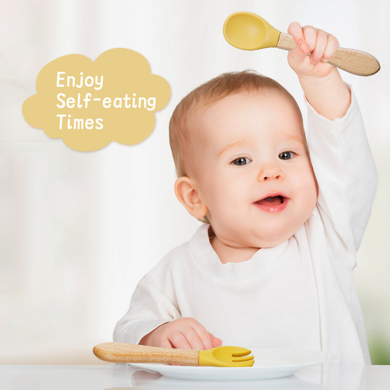 Mini cuchara de tenedor de silicona de grado alimenticio para bebé, juego de utensilios con estampado de madera, cuchara de alimentación, aprender a comer, vajilla para niños, 2 piezas por juego