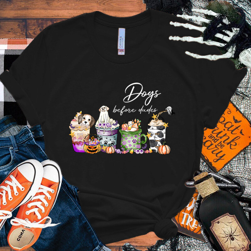 T-shirt de manga curta para o dia das bruxas, engraçado e fashion, com um design de design de um cão, o que é muito bom para um streetwear, o que é muito bom para um verão