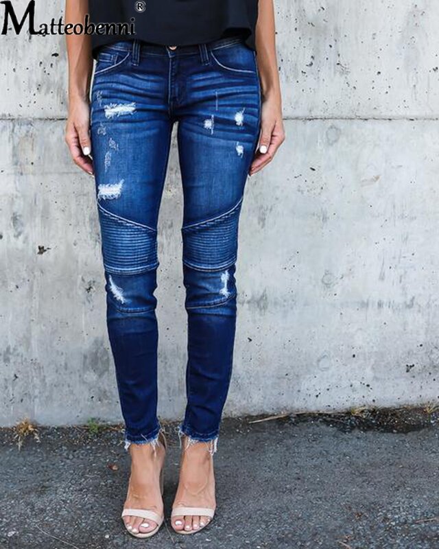 Celana Jeans kurus Vintage wanita, celana Denim tertekan, pinggang menengah, musim gugur pensil hancur kasual