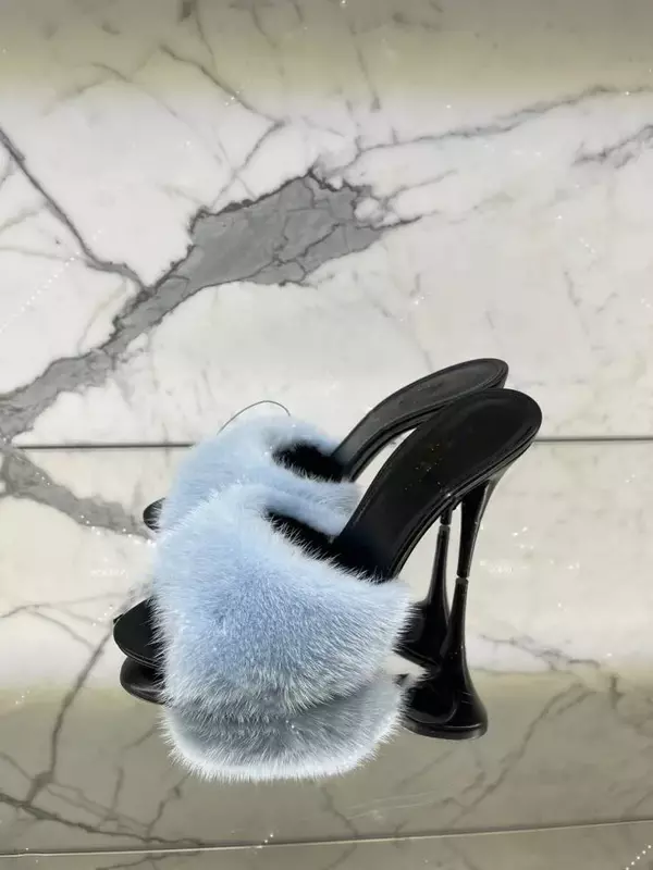 Mink fur high heels, women's slim heels, European and American summer new open toe sexy fish mouth banquet slippers