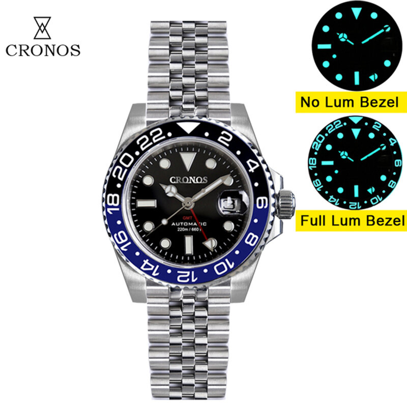 Cronos GMT orologio automatico da uomo lunetta bidirezionale zaffiro 20 ATM NH34 bracciale in metallo solido a 5 maglie BGW-9 Lum