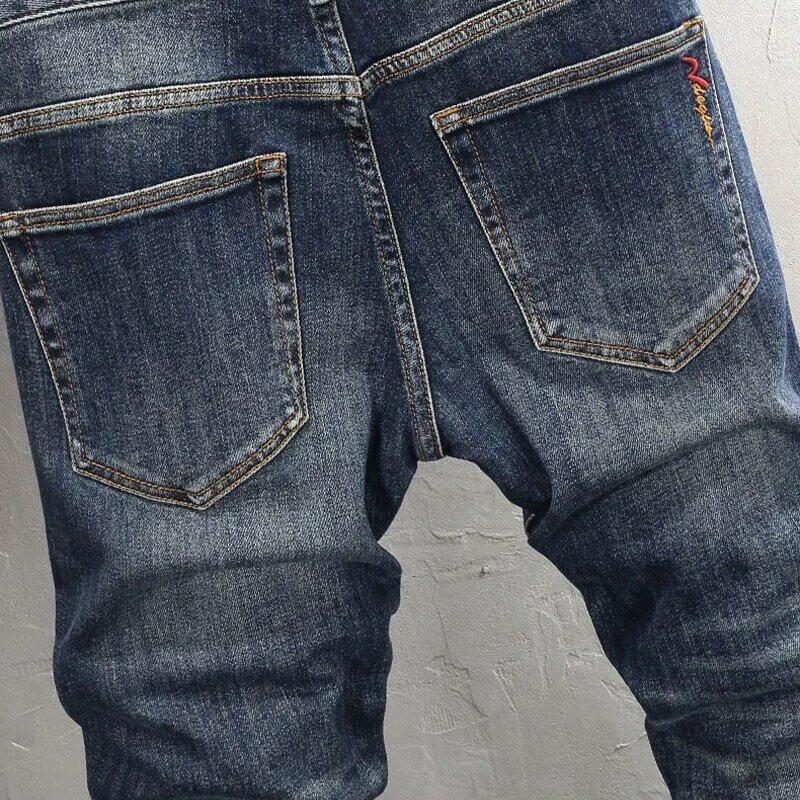Desainer mode jins pria kualitas tinggi Retro dicuci biru melar elastis Slim Fit Vintage Jeans celana panjang Denim kasual