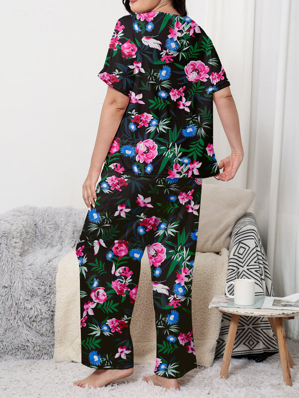 Plus size pajama clothing, plus size home clothing set, plus size short sleeved long pants set, can be worn with milk silk mater