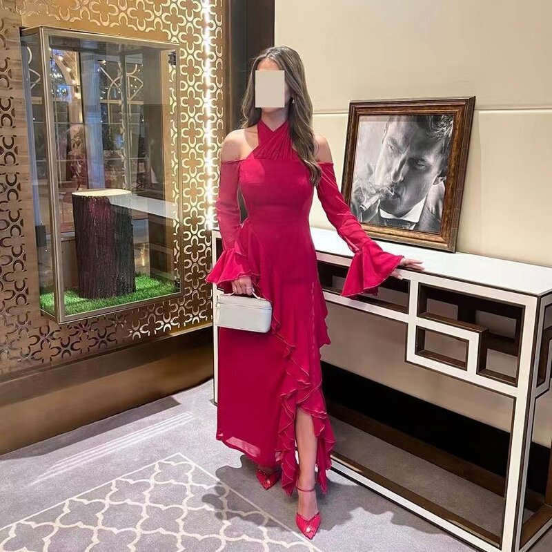 Koendye Daudi-vestidos De fiesta De graduación saudita, cuello Halter, mangas largas, vestidos De noche De fiesta De cóctel, volantes, abertura lateral, vestido Formal