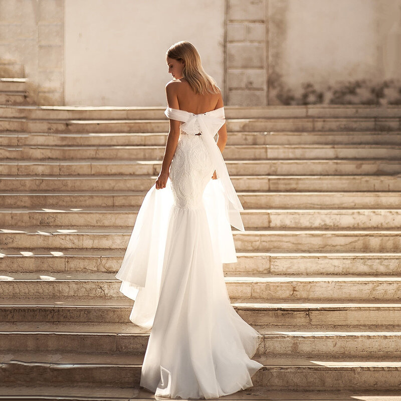 Boho z odkrytymi ramionami damskie suknie ślubne popularne koronkowe naklejki syrenka suknie ślubne jasne powierzchniowe księżniczka Vestidos De Novias