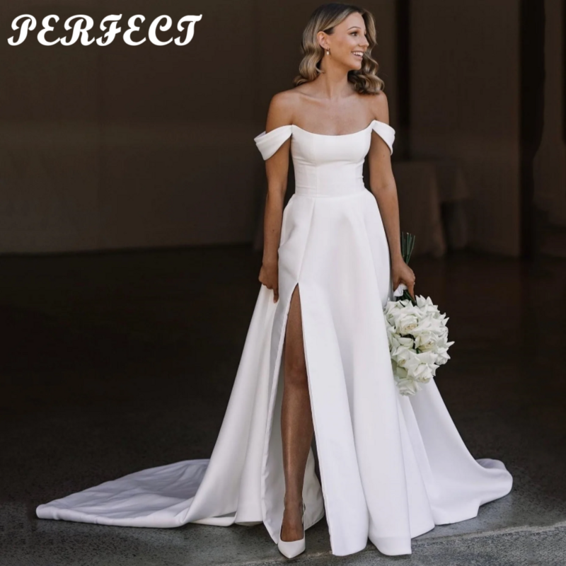 Gaun pernikahan panjang Satin garis sempurna untuk pengantin Formal wanita gaun pengantin belahan kaki bahu terbuka gaun pesta khusus 2024