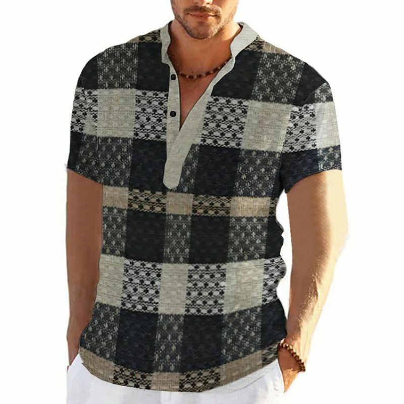 Camisa masculina com impressão 3D patchwork, camiseta casual de mangas curtas, roupas vintage, tops de streetwear, moda verão