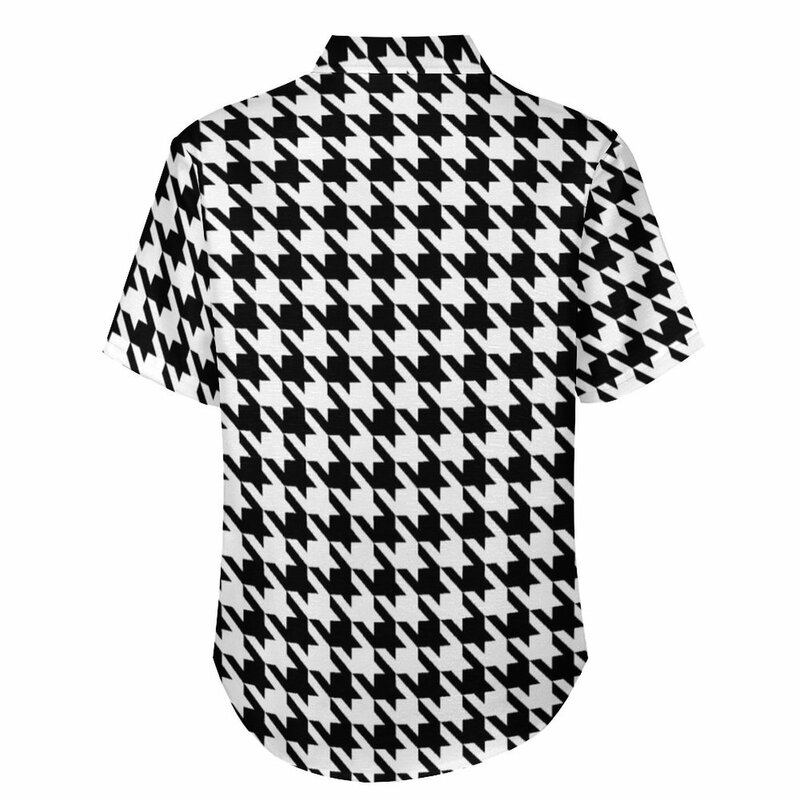 Blusa xadrez preta e branca masculina, camisa casual houndstooth, moda de manga curta estampada, camisa de férias extragrande, presente havaiano