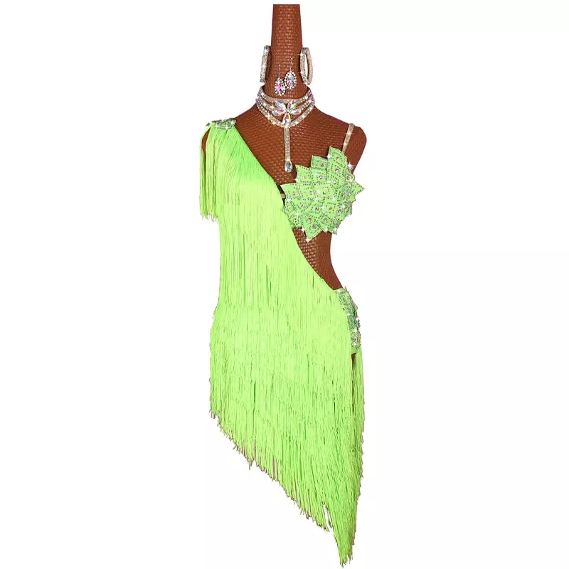 섹시한 여성용 라틴 댄스 원피스, 반짝이는 라인스톤 프린지 드레스, 여아용 라틴 댄스 대회 공연 코스튬