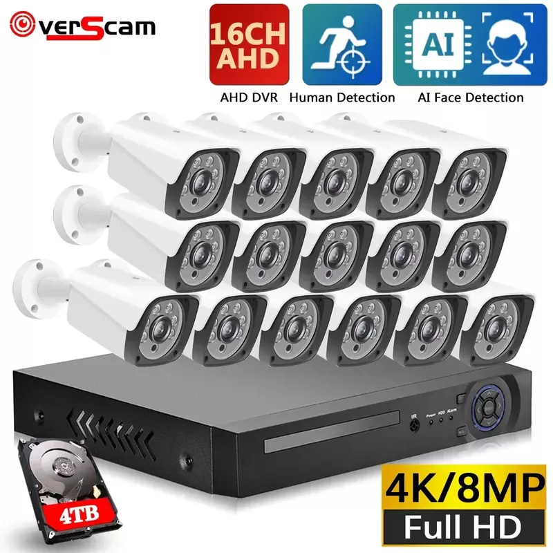 Overscam H.265 AHD 8MP Outdoor Security Bullet Camera 16CH AHD HD 4K Face Detection DVR System Video Surveillance Set 8CH