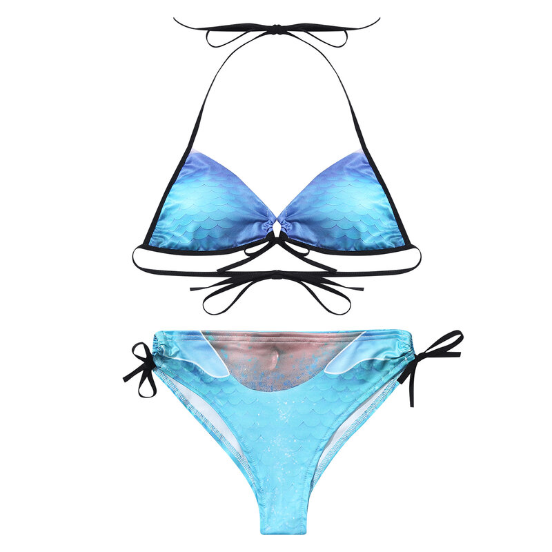 Womens Mermaid Printed Bikini Bathing Suit Halter Sponge Pad Bra and Swim Briefs Tying Swimwear Set for Holiday Beach Pool Paty