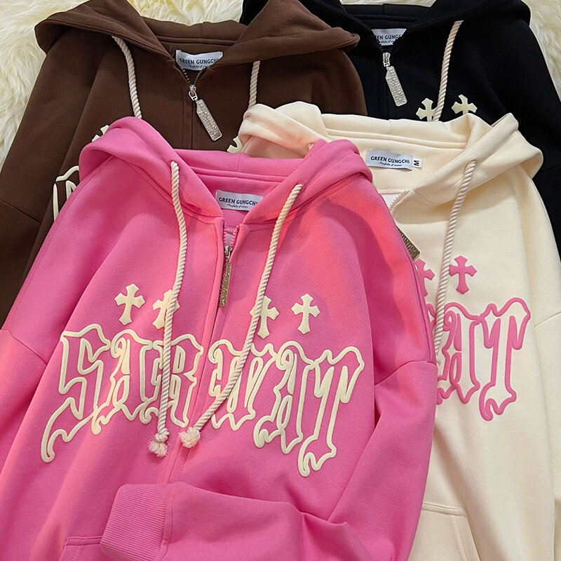Sudadera con capucha con bordado gótico para mujer, ropa de calle Retro Harajuku, Hip Hop, con cremallera, holgada, Y2K