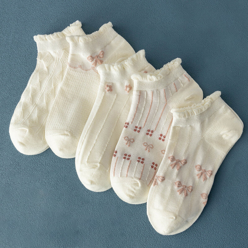 5 paare/los Socken für Frauen Knöchel tief geschnitten dünne atmungsaktive lustige Rüschen Socken lässig Cartoon Blume lässig Frühling Sommer