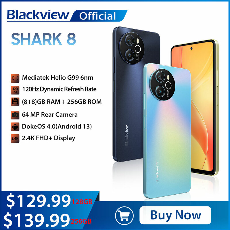 Blackview SHARK 8 Odblokowany smartfon Android13 G99 16 GB RAM 128 GB/256 GB ROM Telefon komórkowy 6,78'' Wyświetlacz 2,4 K Podwójny telefon komórkowy 4G