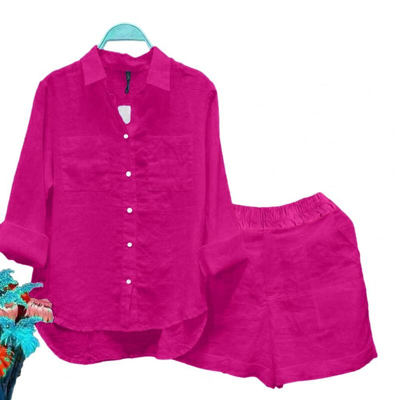 스타일리시 여성 셔츠 반바지 세트, 루즈핏 긴팔, 신축성 허리 패치 포켓, 불규칙한 밑단 옷깃, 가을